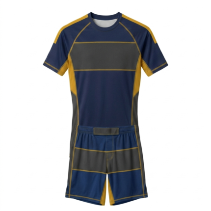 Custom Navy, Grey & Gold MMA Rash Guard & Fight Shorts Set