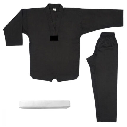 Custom All-Black Taekwondo V-Neck Uniform Set with White Belt