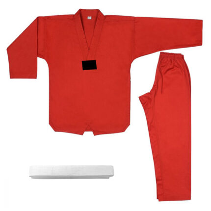 Custom All-Red Taekwondo V-Neck Uniform Set with White Belt