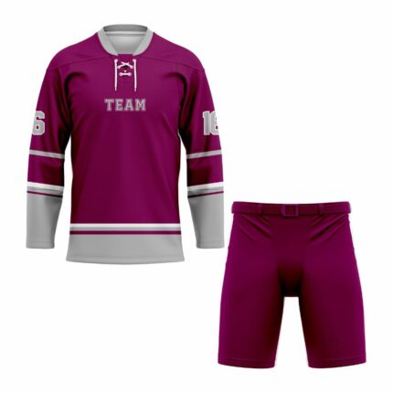 Custom Maroon & Grey Lace-Up Ice Hockey Uniform Set