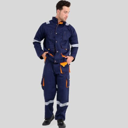 Custom Navy Blue & High-Vis Orange Reflective Two-Piece Workwear Suit