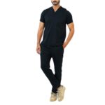 Professional B2B Men’s Solid Black Medical Scrubs Set (V-Neck Top & Cargo Trousers)